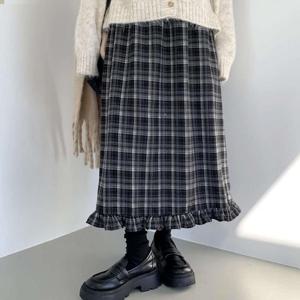 여성 후레아 격자 프릴장식 롱스커트