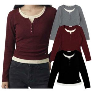 [행텐][모다부평]여성 웨일 레이어드 버튼 헨리넥 티셔츠10560-1