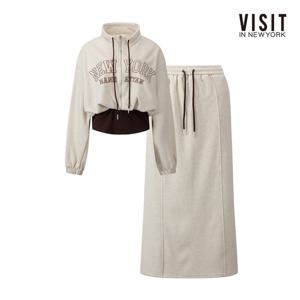 [비지트인뉴욕]기모 뉴욕 레터링 레이어드 티 앤 스커트 셋업 V61ST03