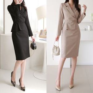 스타일라떼 / 벨트set 페플럼 미디H라인 스판 정장원피스