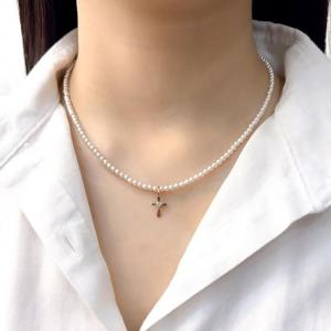 14k 3mm 스왈진주 십자가 큐빅 목걸이 OPPN0682