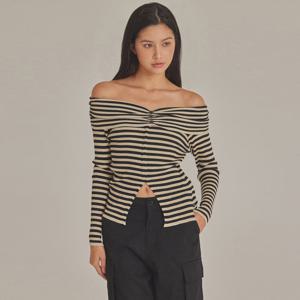 STRIPE OFF-SHOULDER KNIT TOP_T423TP104(BE)