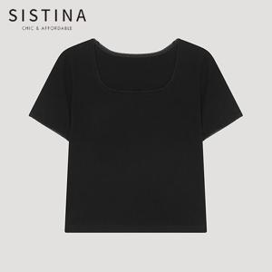 [SISTINA] 인기 배색 스퀘어넥 크롭 티셔츠_AWJTSP21020_BK