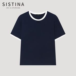 [SISTINA] 인기 배색 자수 라운드넥 티셔츠_AWJTSP21040_DN