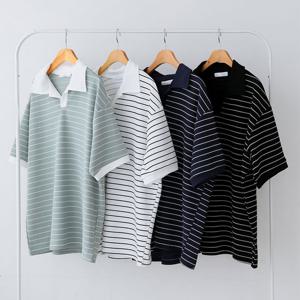 남여공용 ST 오픈카라 반팔 티셔츠 5C-KAH-Q016-블랙