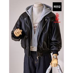 [커스텀에이블]퍼안감 후드 인조가죽 점퍼_T2511JP016D