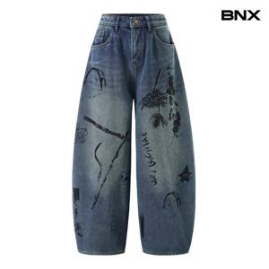 [BNX] 그래피티 페인팅 나염 벌룬 데님 팬츠 (BX4PT015L0)