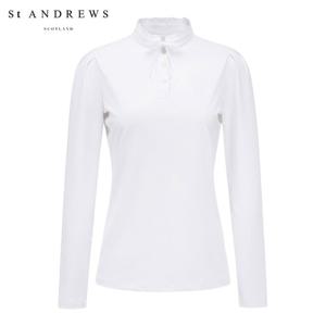 [세인트앤드류스] 여성 소매 퍼프 프릴넥 리본 브로치 긴팔티셔츠 821F1TR004_WH