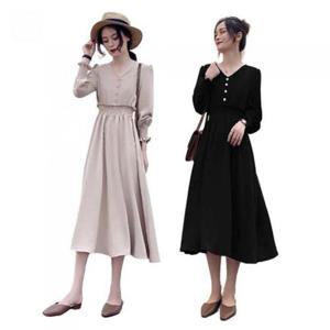 [드림HS몰] 셔링 허리밴드 슬림핏  플레어  롱 봄 원피스