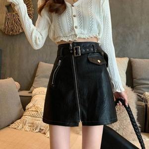 [D더블유] A라인 레더 지퍼 숏 치마 미니 스커트