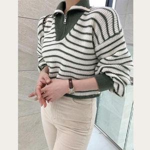 반 집업 지퍼 카라넥 단가라 숏 크롭 니트 티