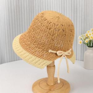 투톤 리본끈 보넷 햇 진베이지