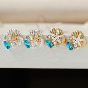 아쿠아마린 큐빅 씨 쉘 티타늄 귀걸이