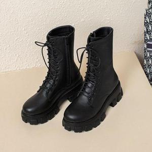 [더블디] 여성 블랙 통굽 캐주얼 레이스업 워커 스니커즈 LU65