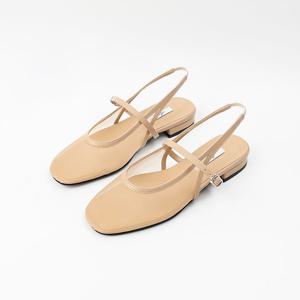 [신난다슈] 여성 슬링백 샌들 2cm 메리제인 펌프스 뮬 플랫 샌들 망사 낮은굽 AG259015 베이지