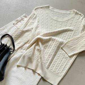 [샵앤]여성 라운드 케이블꽈배기 5부 니트 티셔츠 BONG-WKN-2298