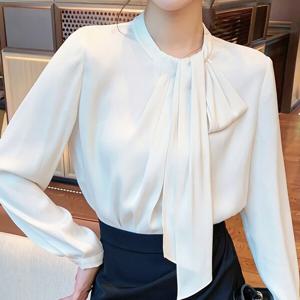 [디작소]여성 봄 데일리 핀턱 타이 새틴 블라우스