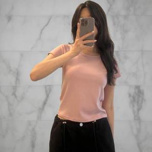 여성 나그랑 크롭 반팔 티셔츠 라운드 스판 무지 티