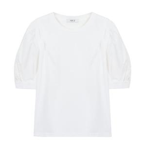 [에이비에프지]소매 레이스 배색 포인트 라운드넥 반팔 티셔츠 APZ2ZK35E