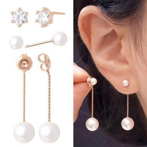 14K 골드필드 핀 큐빅 진주 롱 드롭 뒷마개 세트 귀걸이