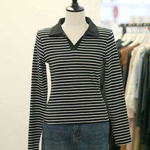 [메종블랑쉬]스트라이프 오픈 카라 티셔츠 ARAM253JTS952