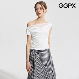 [지지피엑스]언밸런스 숄더 레이스 셔링 티셔츠 (GP6TS029F)