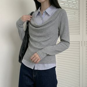 [올리비에스클로젯] 페이크 셔츠 레이어드 셔링 티셔츠_O2601TS007A