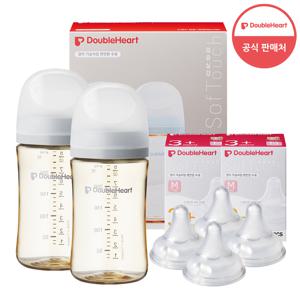 [더블하트] 3세대 240ml 모먼트 트윈팩(젖병2개/노꼭지)+젖꼭지4개