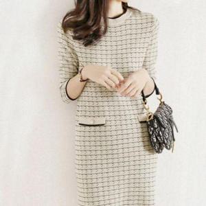 여성 고급 직장인 하객룩 긴팔 체크 니트 포켓 원피스 WFKKIXI