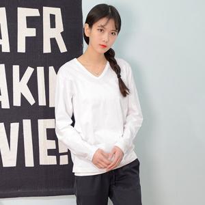 BLEO 여성 봄 여름 브이넥 기본 무지 면티 긴팔 티셔츠