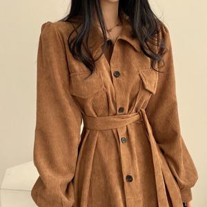 여성 코이듀이 골덴 퍼프 카라 가을 겨울 롱 원피스