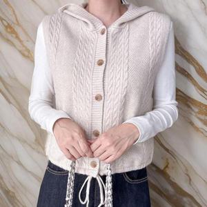 [다잇템]여자 후드조끼 드로우코드 비스코스 니트조끼