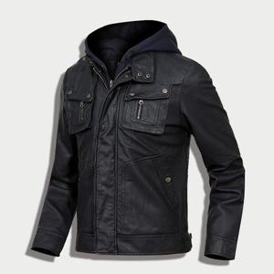 디태처블 후드 레더 집업 자켓 남자 남성 블루종 라이더