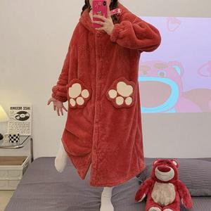 [로즈엘리]곰돌이 극세사 후드 홈웨어 원피스 겨울 수면잠옷