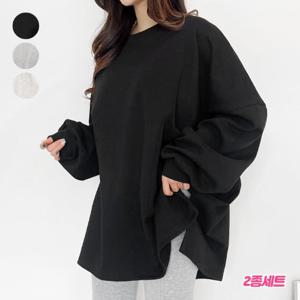 [2종SET] 가비진 여성용 오버핏 옆트임 라운드 맨투맨 티셔츠 빅사이즈까지