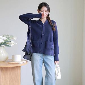 [최초가 99,000원][르포엠]라이트문 우븐 니트 믹스 플리츠 가디건