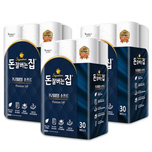 [삼정펄프] 돈잘버는집 프리미엄 소프트 3겹 25m 화장지 30롤x3 (90롤)/천연펄프/롤휴지/집들이선물