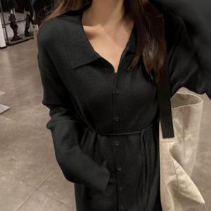 니트 가을 원피스 단추 카라 루즈핏 허리끈 롱 WEE9165