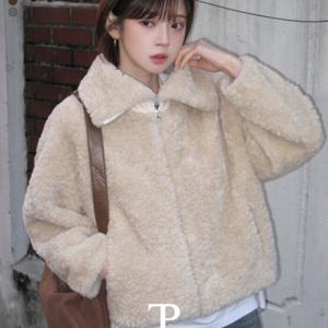 더핑크 / 피카 루즈핏 하이넥 양털 뽀글이 카라 퍼 집업  자켓