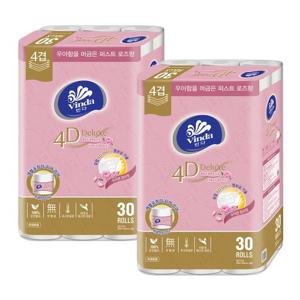 빈다 4D Deluxe 엠보싱 퍼스트로즈 롤화장지 4겹, 23m, 30롤, 2팩