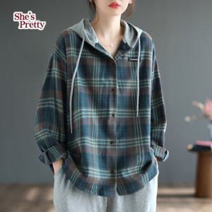[쉬즈프리티] 이닝체크후드셔츠 L까지_여성셔츠
