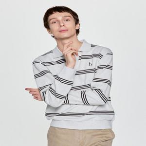 헤지스 남성 오트밀 스트라이프 오픈카라 맨투맨  (HZTS5D345OW)