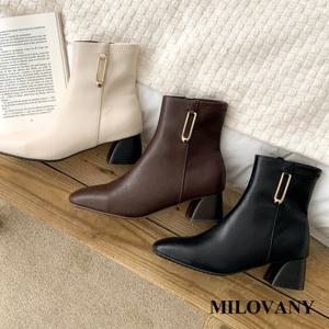 [밀로바니] 말린 소가죽 스퀘어 금장 옷핀 지퍼 기모 스판 쿠션 통굽 여성 키높이 앵클 부츠 5cm