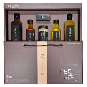 한터 프리미엄 참들애찬세트 (참기름 300ml + 150ml + 들기름300ml + 150ml + 볶음참깨 90g + 원터치 오일캡)
