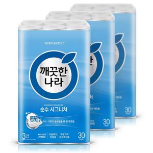 깨끗한나라 3겹 순수 시그니처 화장지 28m 30롤 3팩