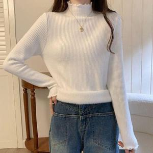 넥 소매 밑단 프릴 융기모 안감 반폴라 골지패턴 니트 WF0D87D