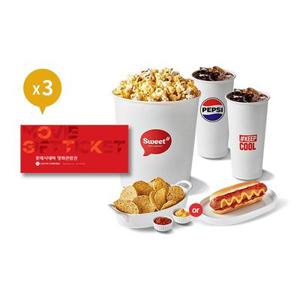 [롯데시네마](정상가62,500원) 3인 패키지 (2D 3인 관람권 1매+스낵콤보 1매)