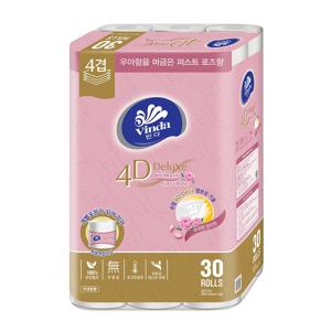 빈다 4D Deluxe 엠보싱 퍼스트로즈 롤화장지 4겹, 23m, 30롤, 1팩