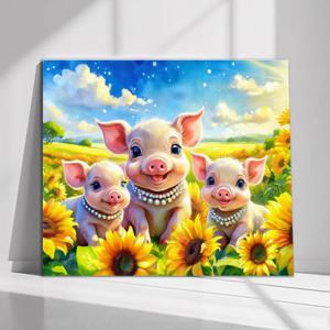해바라기꽃밭 진주목걸이를 한 진주돼지그림 캔버스액자 돈들어오는 풍수그림 기분좋은그림액자