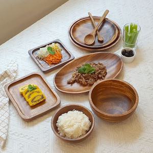 Holin 아카시아 통원목 수제 우드 2인조 디너세트 10P